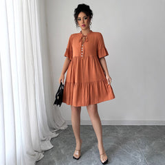 Gaovot Rust Tie Neck Short Sleeve Tiered Mini Dress for Casual Outings