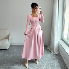 Gaovot Pink Square Neck Long Sleeve A-Line Maxi Dress for Formal Occasions