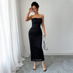 Gaovot Rhinestone Strapless Crop Top & Maxi Skirt Two Piece Outfit for Party