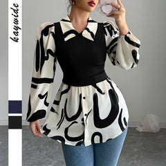 Gaovot Black & White Abstract Print Contrast Collar Puff Sleeve 2 In 1 Blouse for Daily Wear