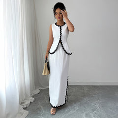 Gaovot White Contrast Scallop Trim Sleeveless Crop Top & High Waist Side Slit Maxi Skirt Set for Evening
