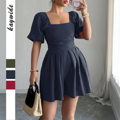 Gaovot Square Neck Ruched Waist Puff Sleeve Romper for Daily Wear