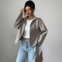 Gaovot Funnel Neck Zip Up Long Sleeve Cropped Women Jacket for Casual Outings