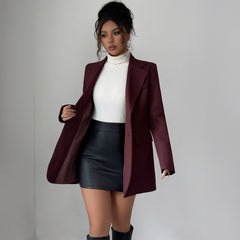 Gaovot Burgundy Lapel Collar Open Front Long Sleeve Oversized Blazer for Office & Daily Wear