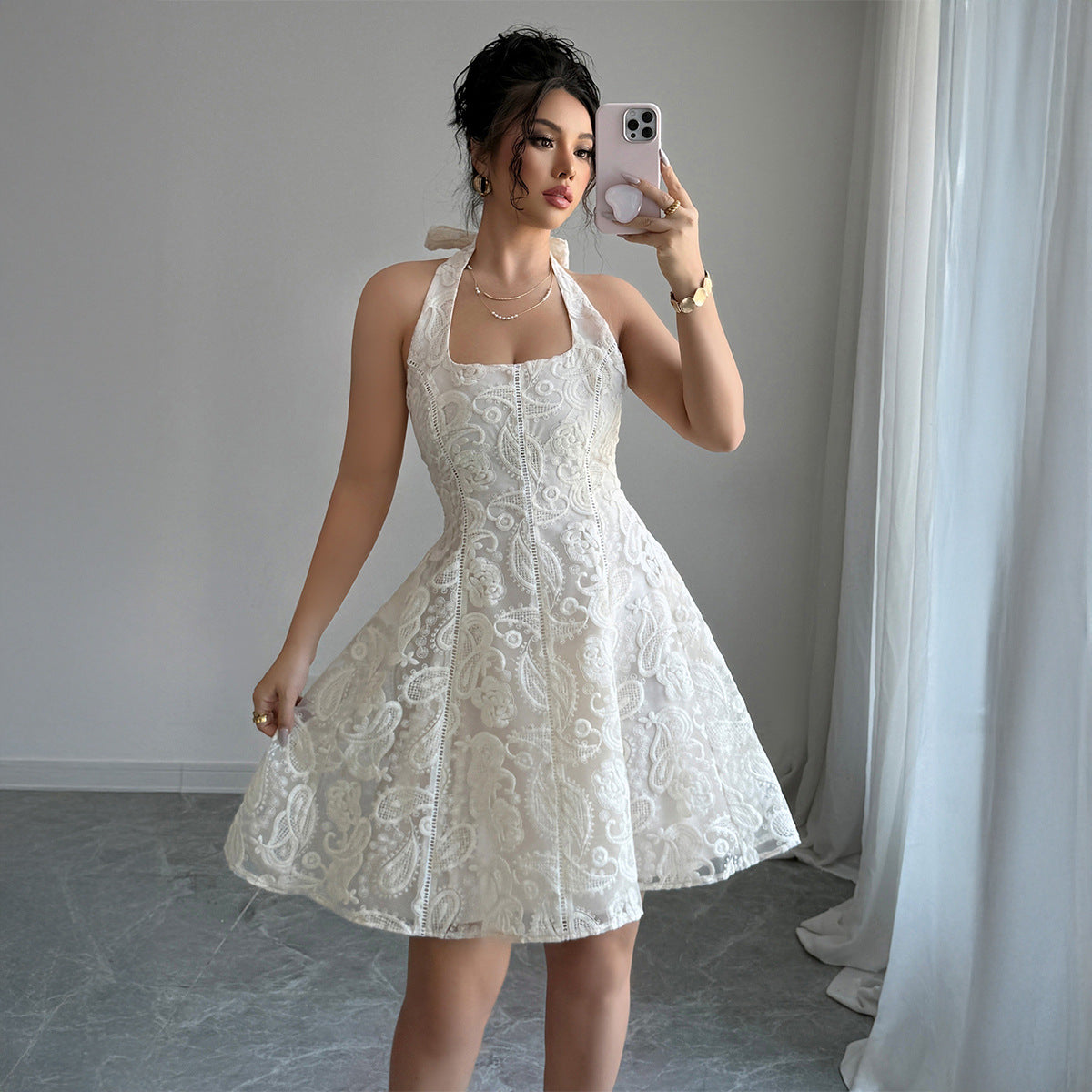 Gaovot Elegant White Halter Neck Lace Embroidery Flared Mini Dress