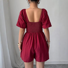 Gaovot Square Neck Ruched Waist Puff Sleeve Romper for Daily Wear