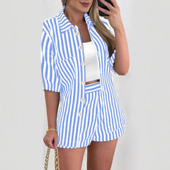 Gaovot Casual vacation button-down shirt with striped shorts set women suits