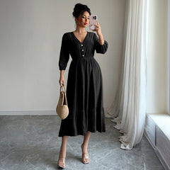 Gaovot Rust V Neck 3/4 Sleeve Button Front Flared Midi Dress