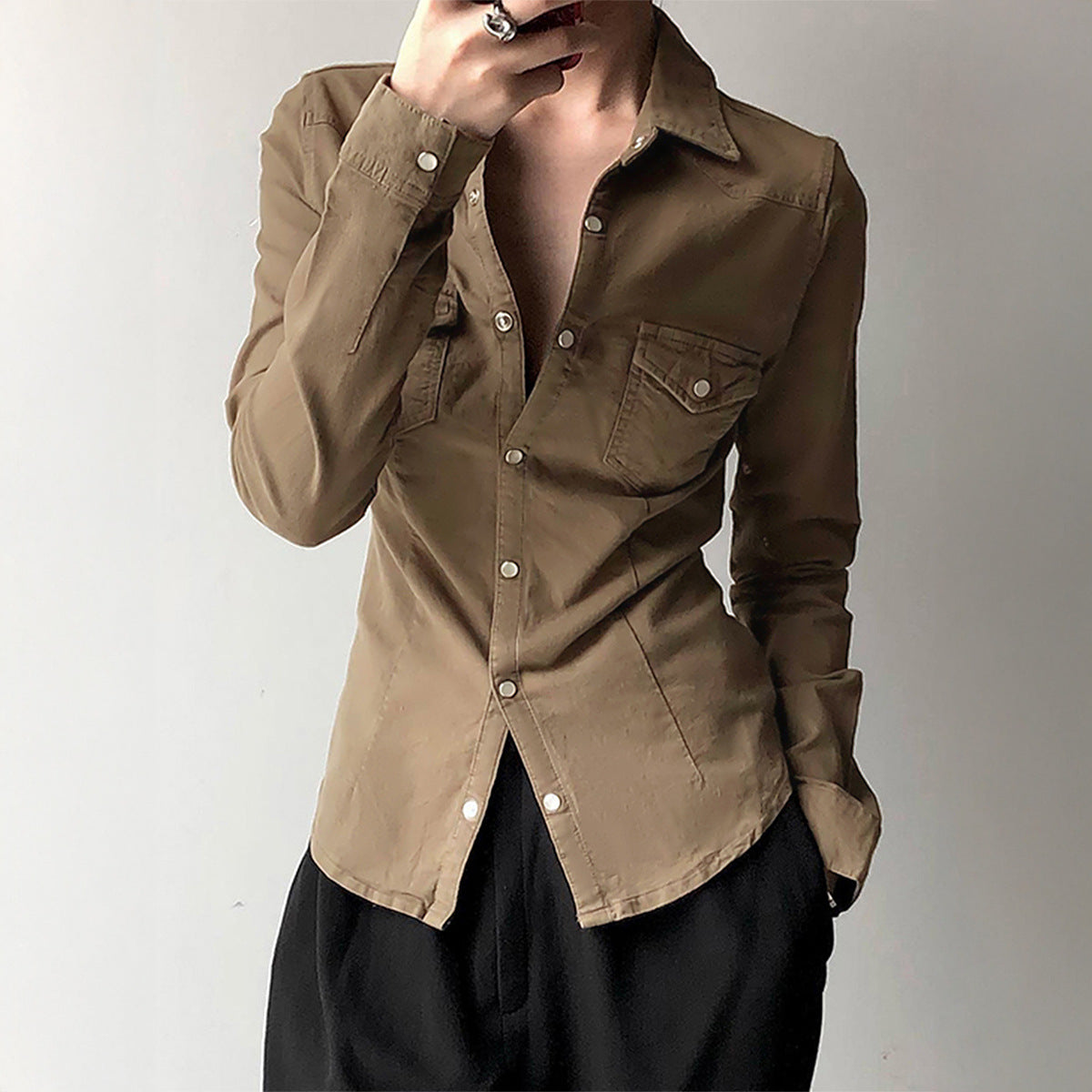 Gaovot European and American fashion simple solid-color long-sleeved blouse for women