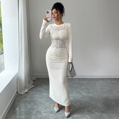 Gaovot White Contrast Lace Detail Long Sleeve Bodycon Maxi Dress for Evening